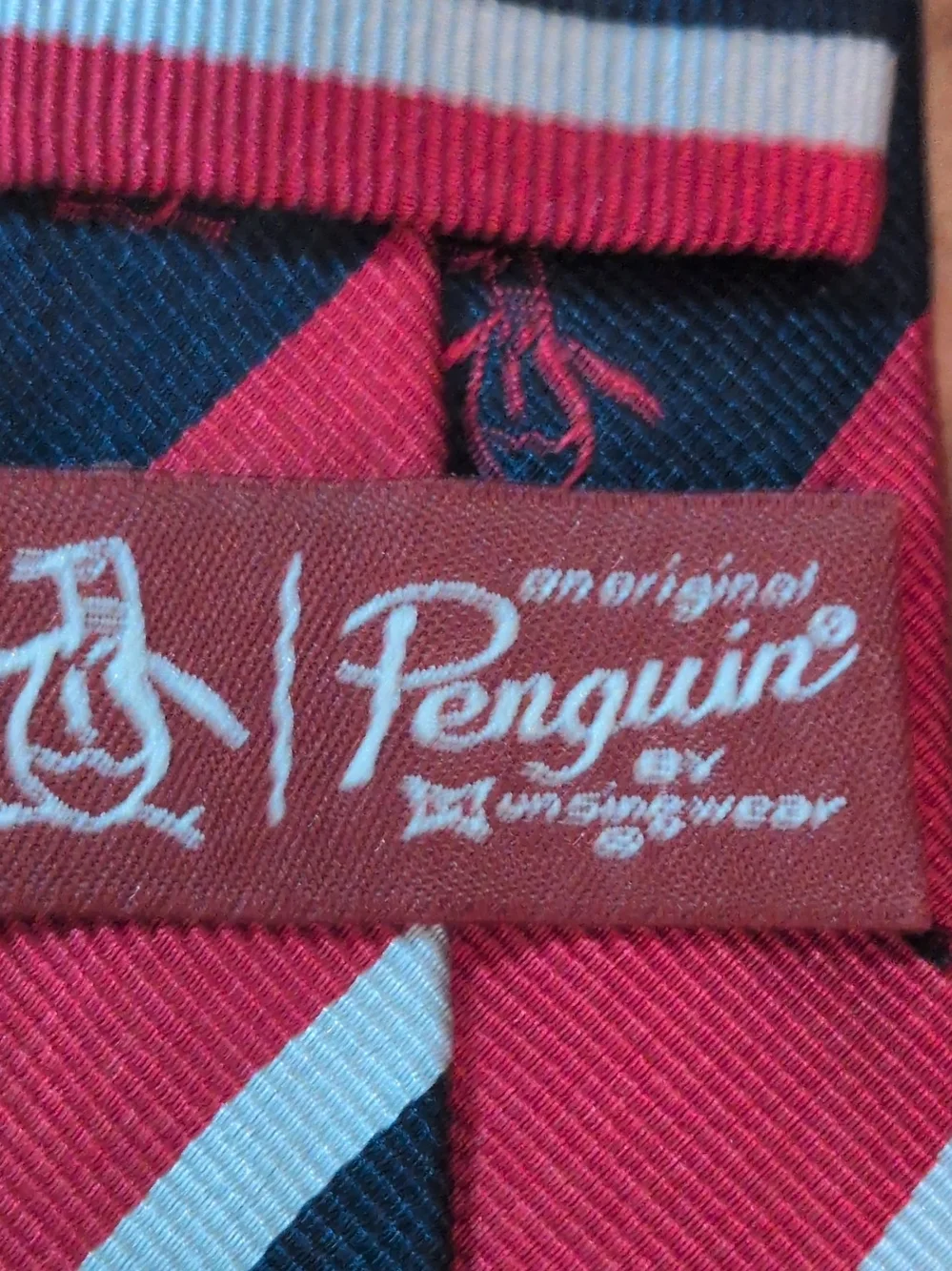Original Penguin Skinny Silk Striped Tie Red Navy White Embroidered Logo